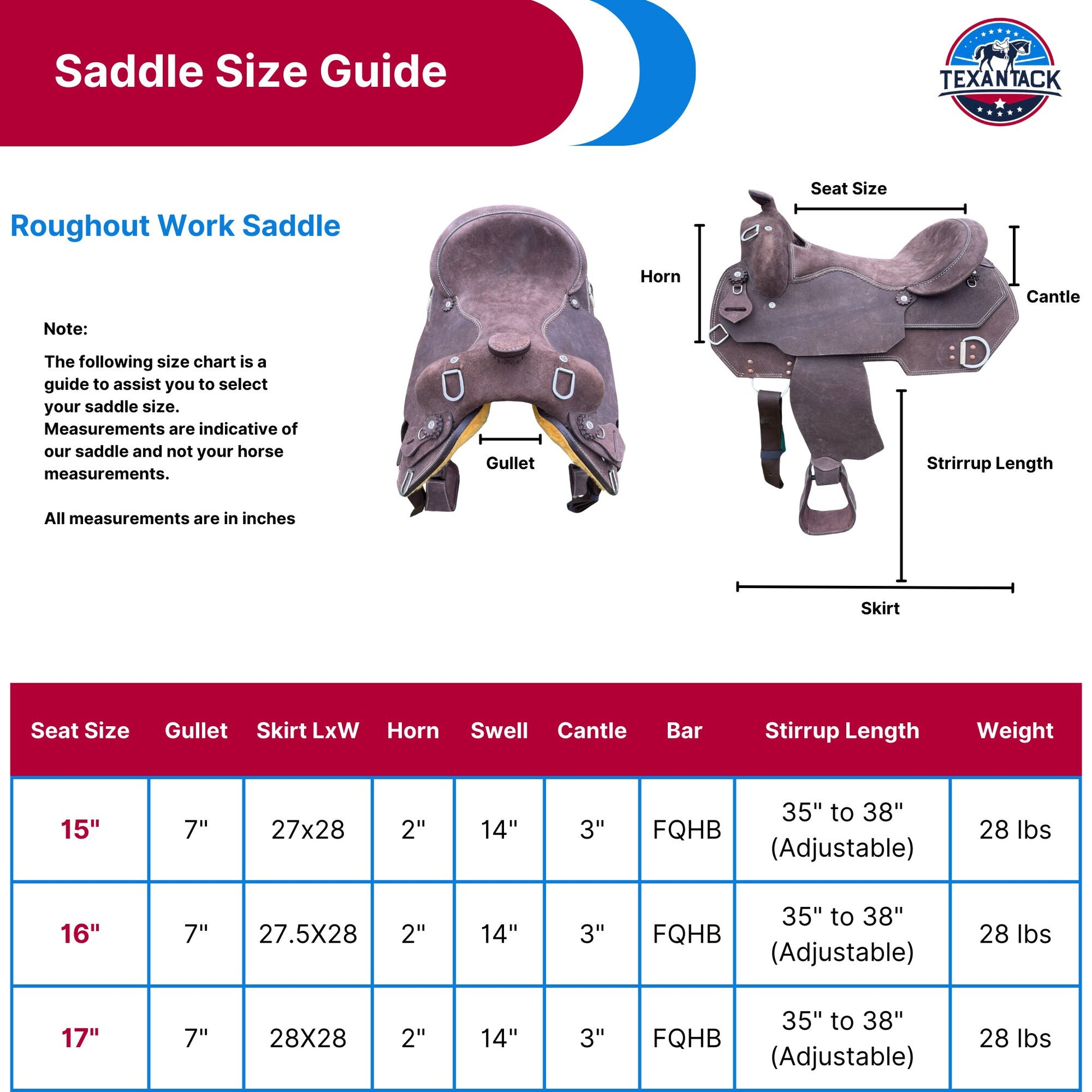 Western Roughout Leather Work Saddle: Comfort Ride - 15/16/17 Inch TEXANTACK