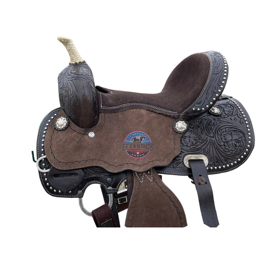 Youth/Pony Western Leather Barrel Saddle: Floral Tooled Single Skirt TEXANTACK