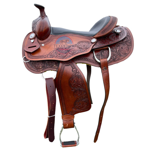 Argentinian Leather Western Saddle: Floral Tooled Pleasure & Trail with Silver Conchos TEXANTACK
