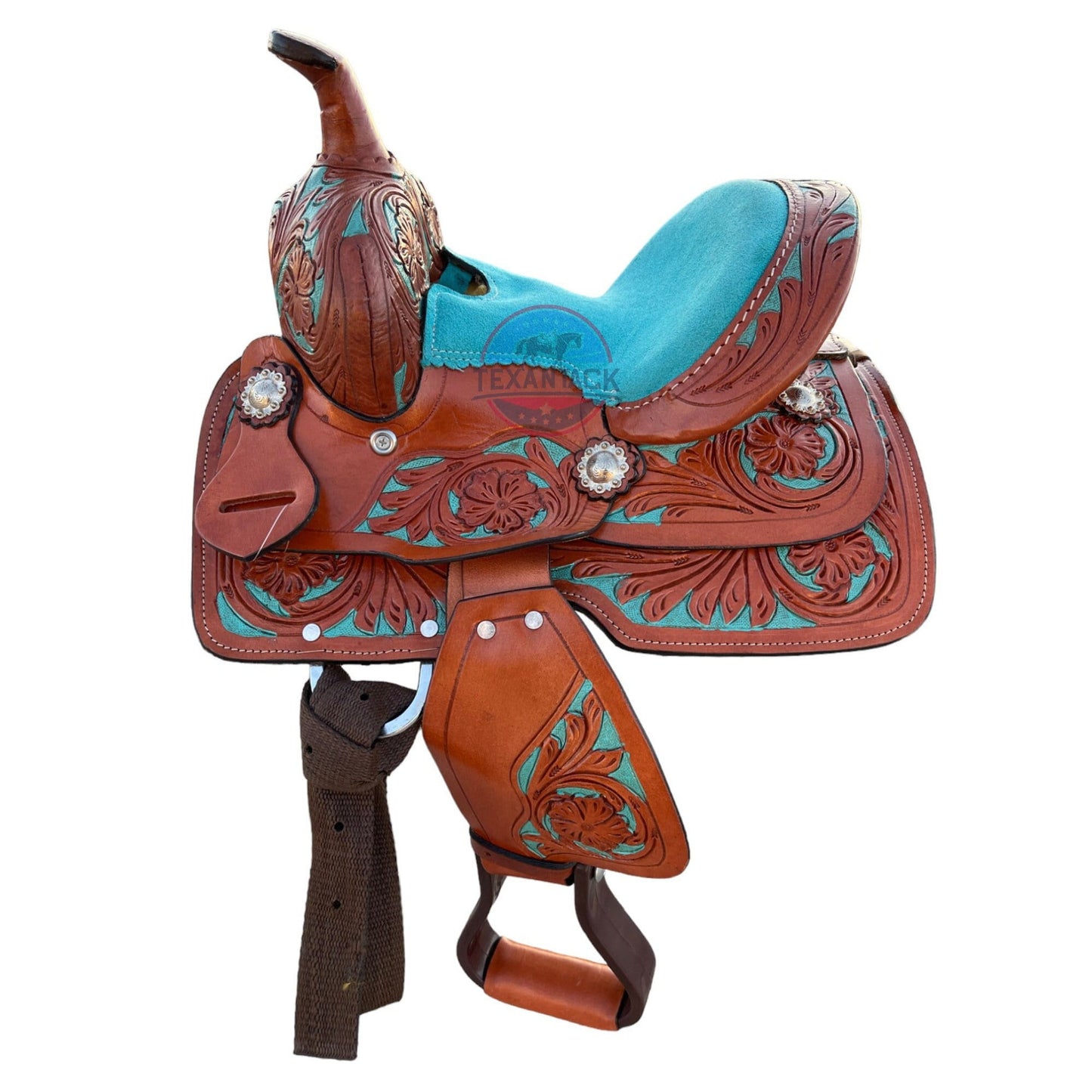 Mini/Pony Western Horse Barrel Saddle Floral Tooled- 8 Inch TEXANTACK