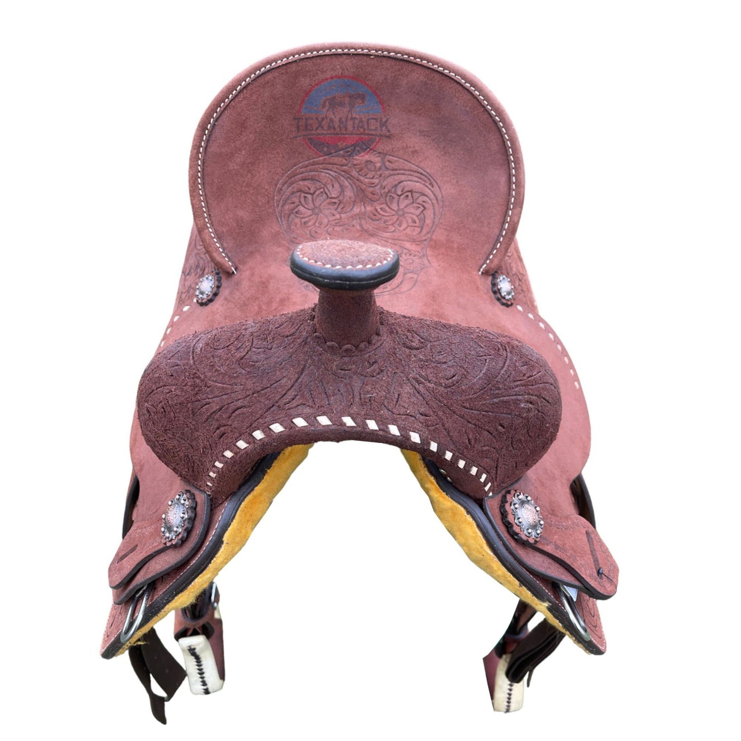 Floral Tooled Barrel Saddle: Roughout Leather, Silver Conchos, White Buck Stitch TEXANTACK