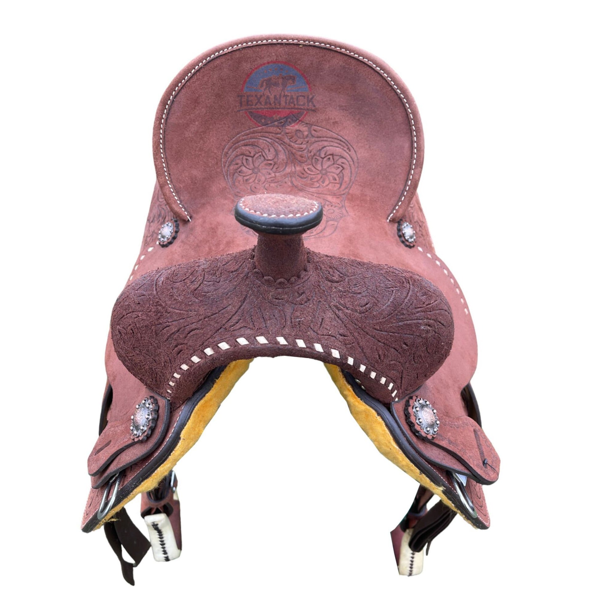Floral Tooled Barrel Saddle: Roughout Leather, Silver Conchos, White Buck Stitch TEXANTACK