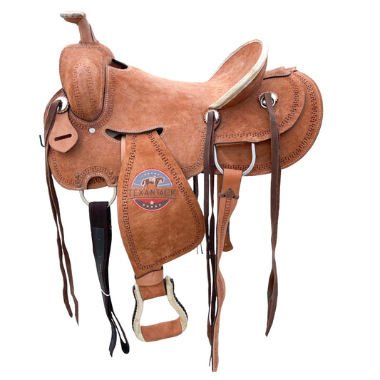 Roughout Leather Ranch Saddle: Serpentine Tooled Western Saddle TEXANTACK