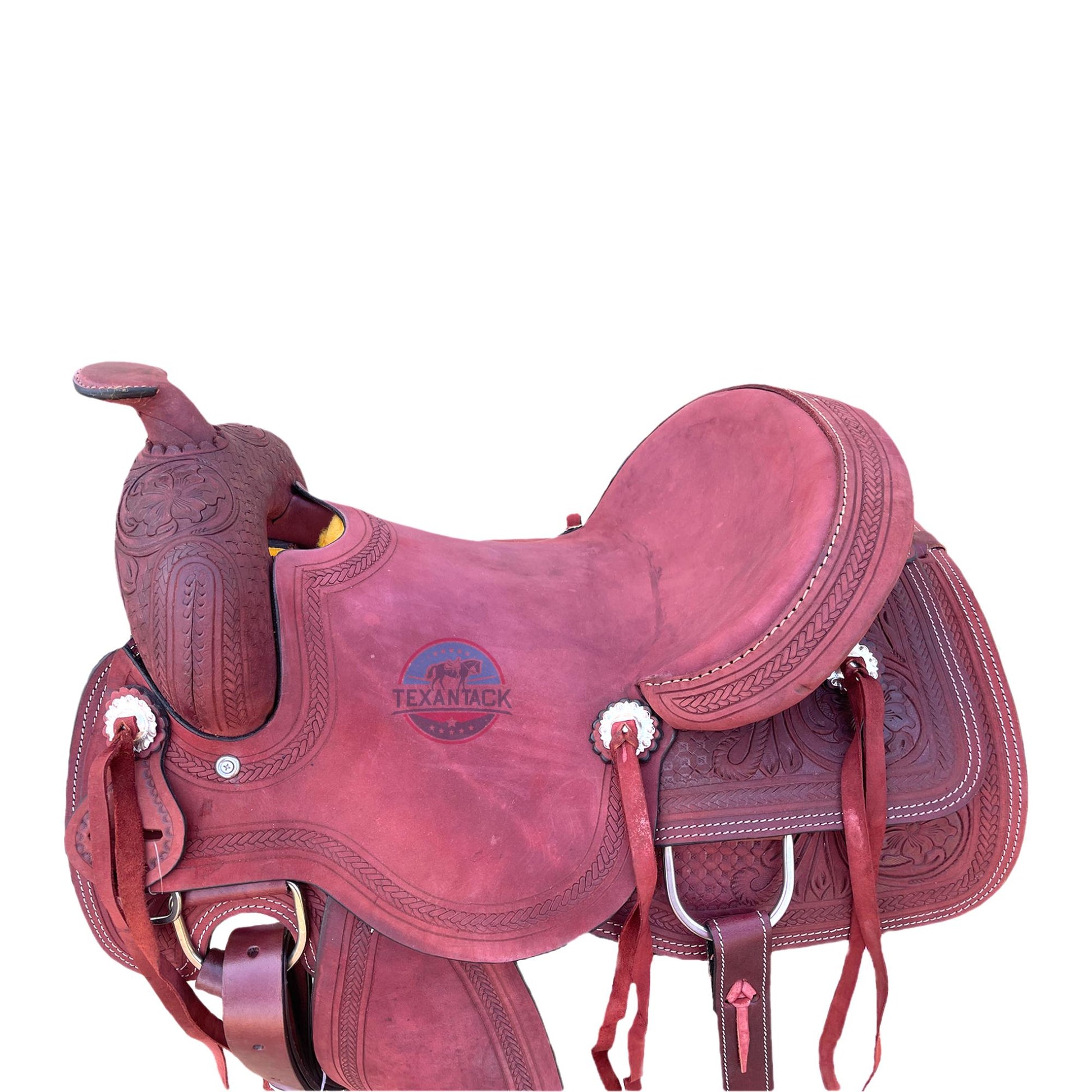 15.5" Tooled Leather Western Ranch Saddle: FQHB, 7" Gullet, Lightweight TEXANTACK