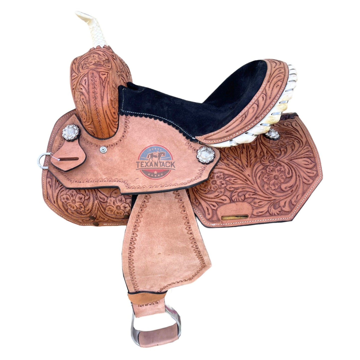 Kids Western Leather Barrel Saddle: Suede Seat, Matching Tack Set (10-13 inch) TEXANTACK