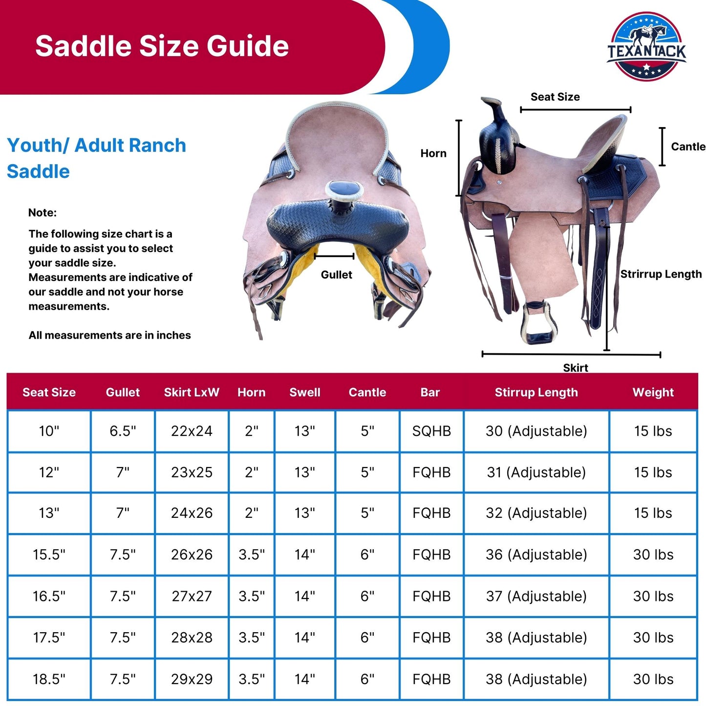 Two-Tone Leather Horse Saddle: Roughout Ranch Saddle (Sizes 10"–18.5") TEXANTACK