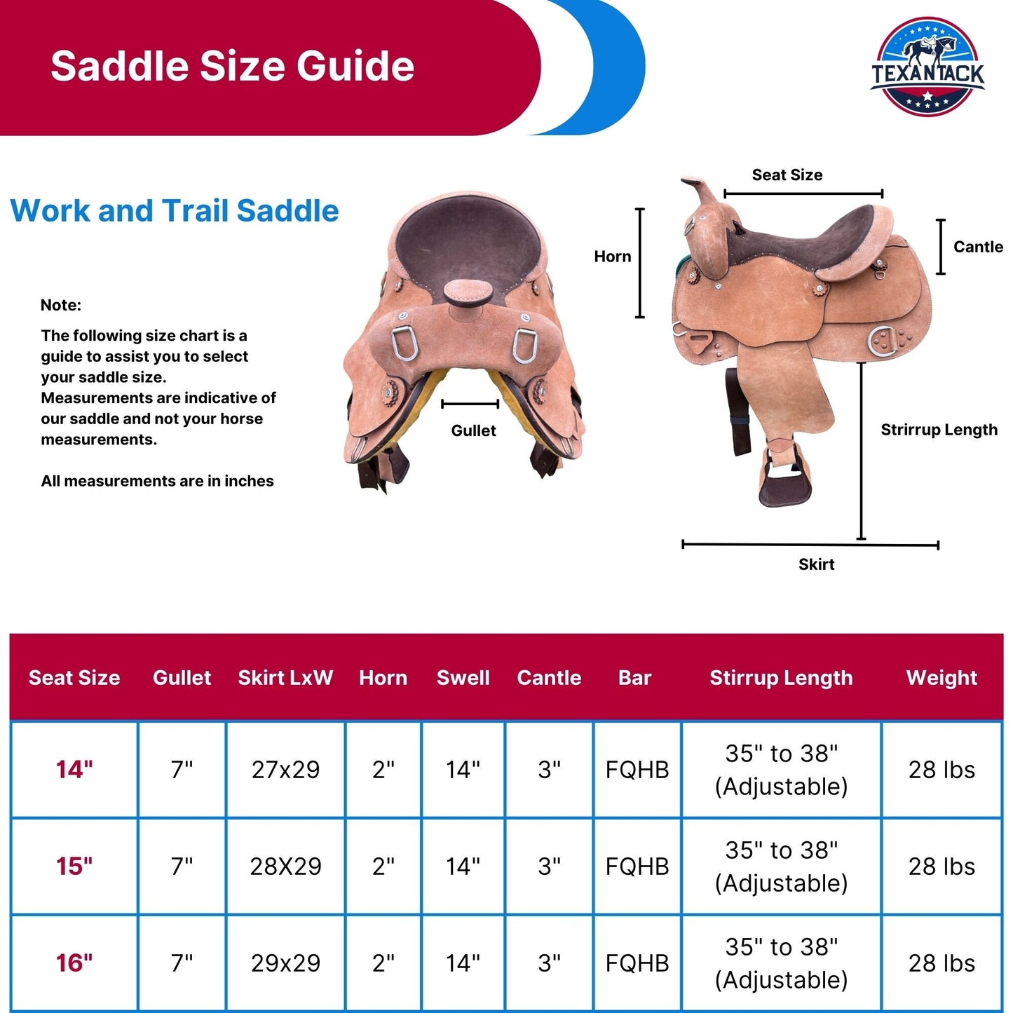 Premium Leather Western Saddle for Trail Riding & Ranch Work – Full Quarter Horse Bar – Comfortable Horse Tack 14”-16” – Free Shipping TEXANTACK