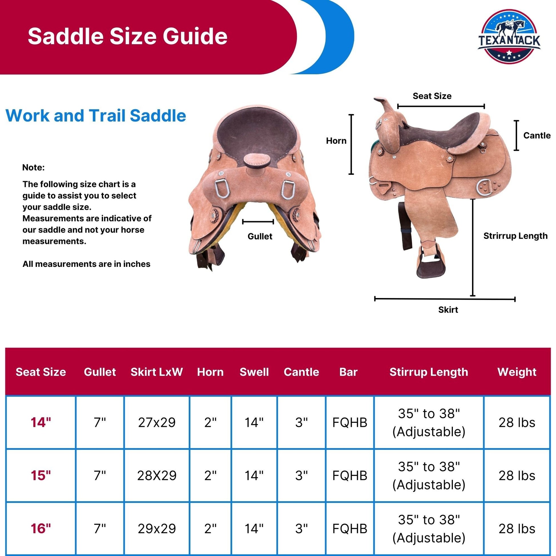 Premium Leather Western Saddle for Trail Riding & Ranch Work – Full Quarter Horse Bar – Comfortable Horse Tack 14”-16” – Free Shipping TEXANTACK
