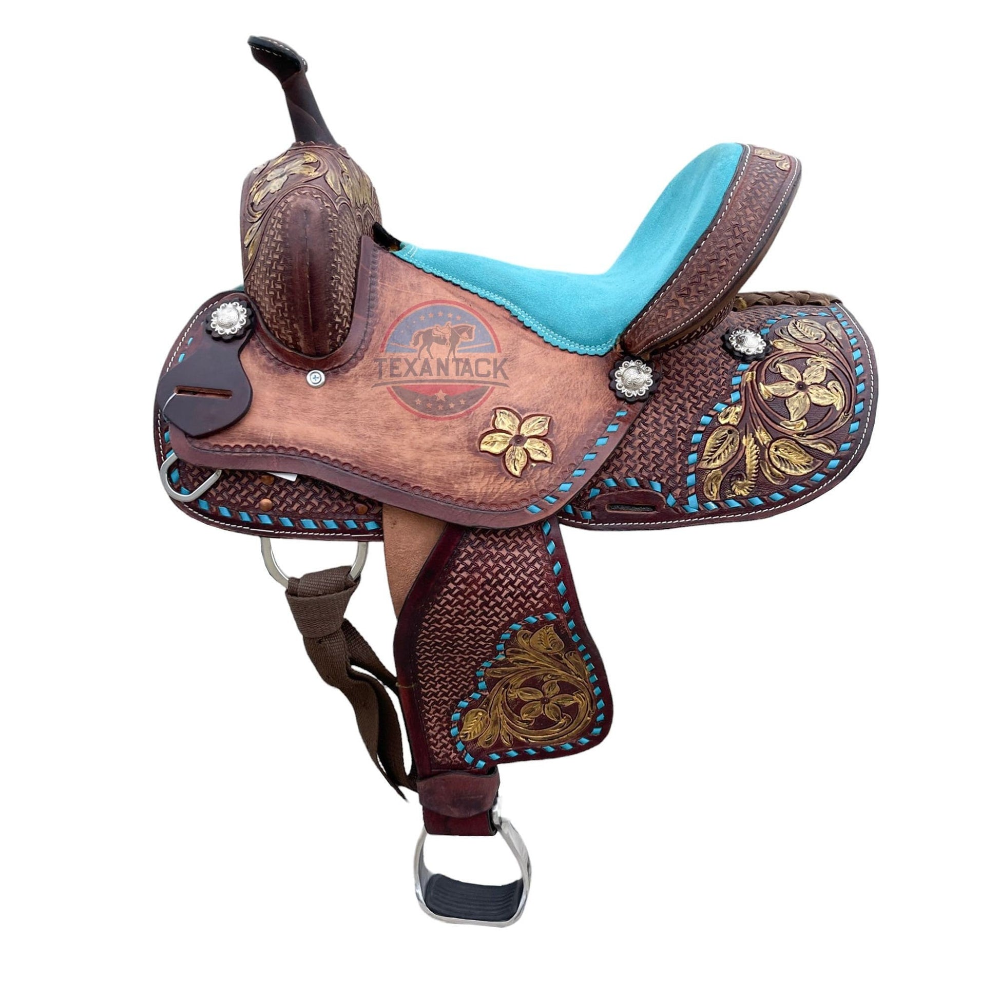 Youth Leather Barrel Racing Saddle: Floral Basket Weave Tooling (10/12/13 inch) TEXANTACK