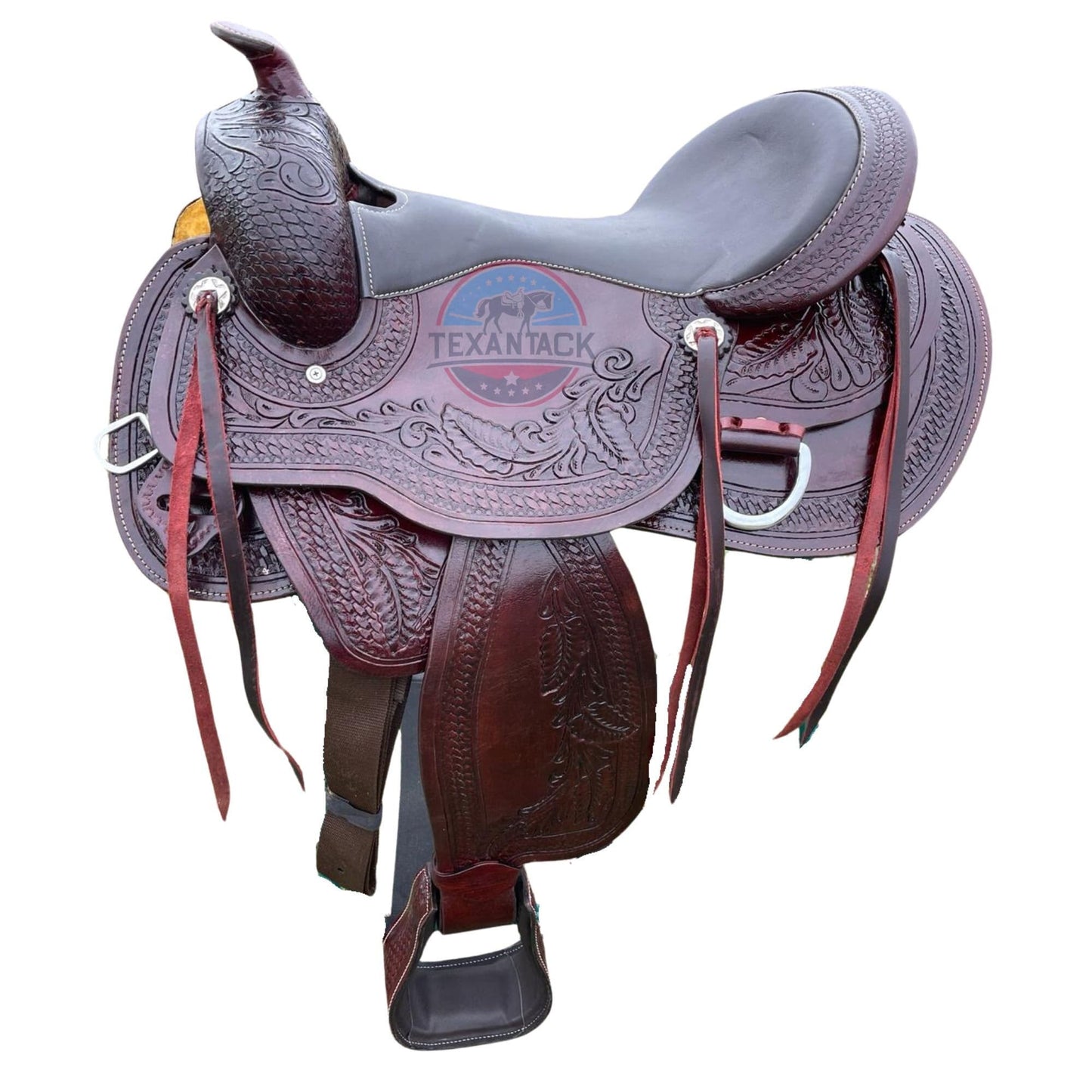 Premium Leather Western Endurance Saddle - Western Pleasure Trail Horse Saddle with Floral Tooling & Padded Seat in 15”, 16”, 17” Size TEXANTACK