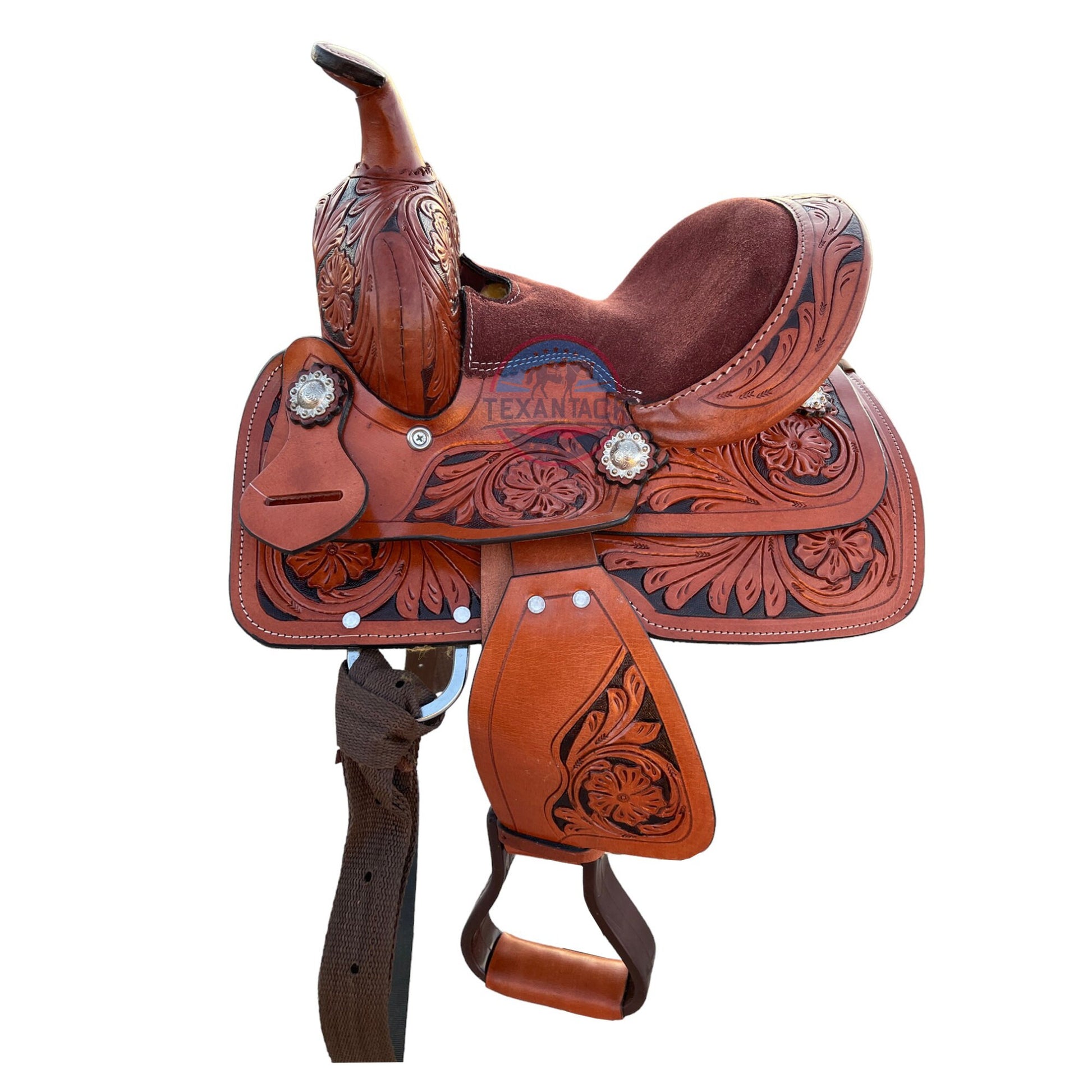 Mini/Pony Western Horse Barrel Saddle Floral Tooled- 8 Inch TEXANTACK