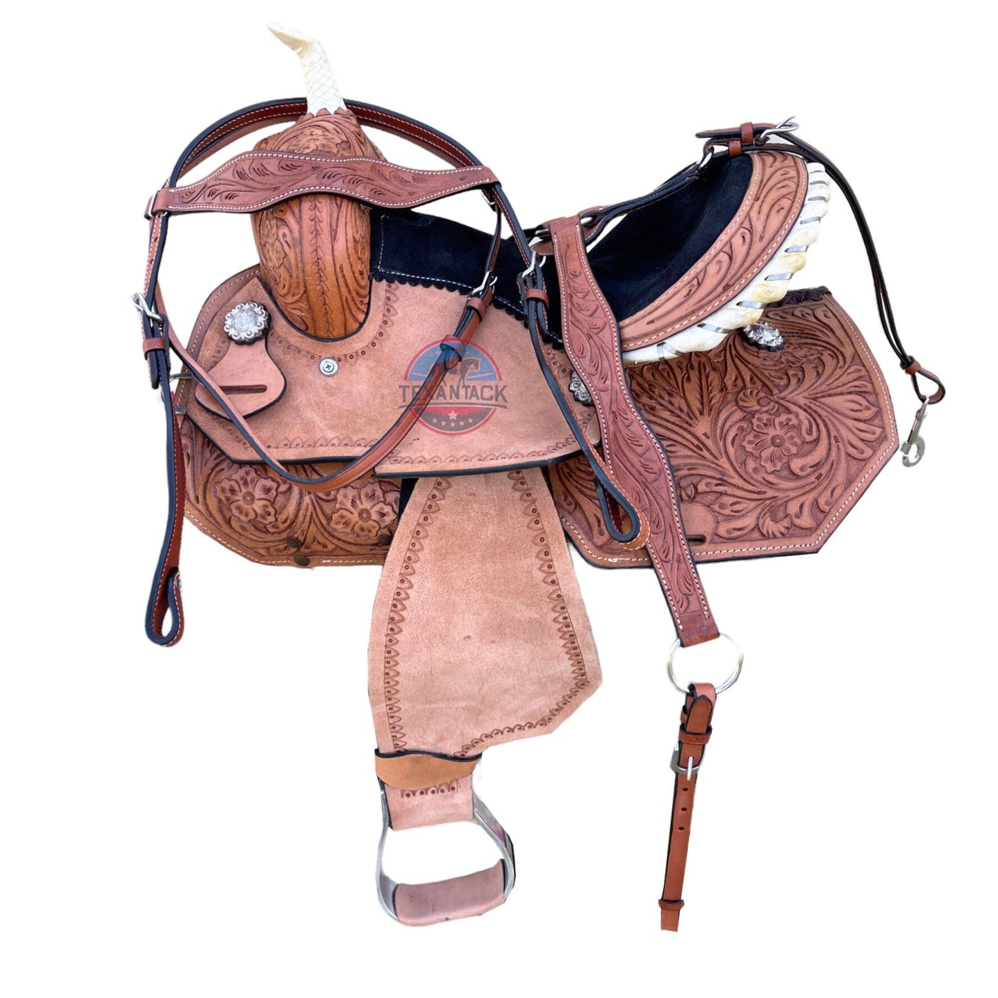 Kids Western Leather Barrel Saddle: Suede Seat, Matching Tack Set (10-13 inch) TEXANTACK