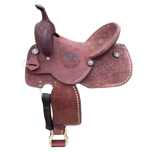 Floral Tooled Barrel Saddle: Roughout Leather, Silver Conchos, White Buck Stitch TEXANTACK