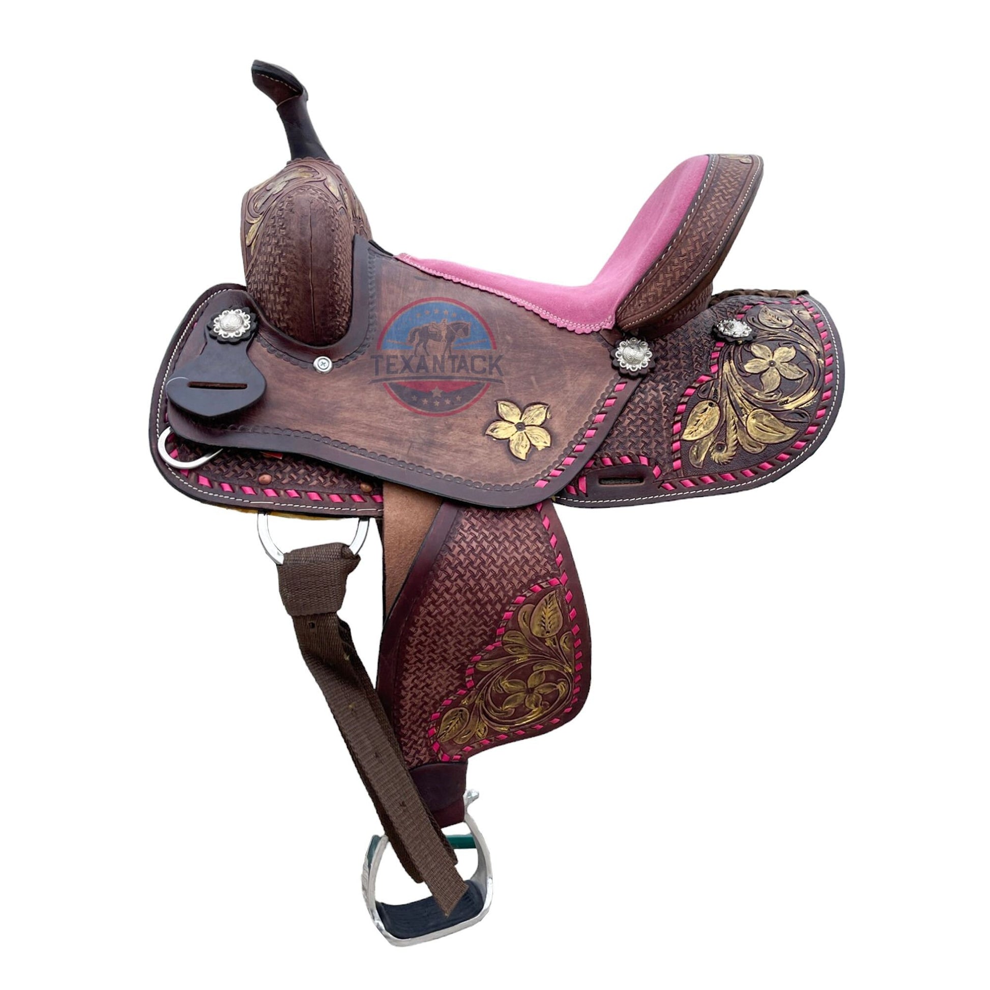 Youth Leather Barrel Racing Saddle: Floral Basket Weave Tooling (10/12/13 inch) TEXANTACK