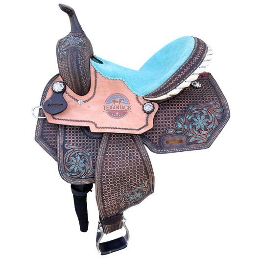 Premium Leather Western Barrel Saddle – Intricate Tooling, Suede Seat & Silver Conchos – Sizes 13" 14" 15" 16" – Free Shipping TEXANTACK