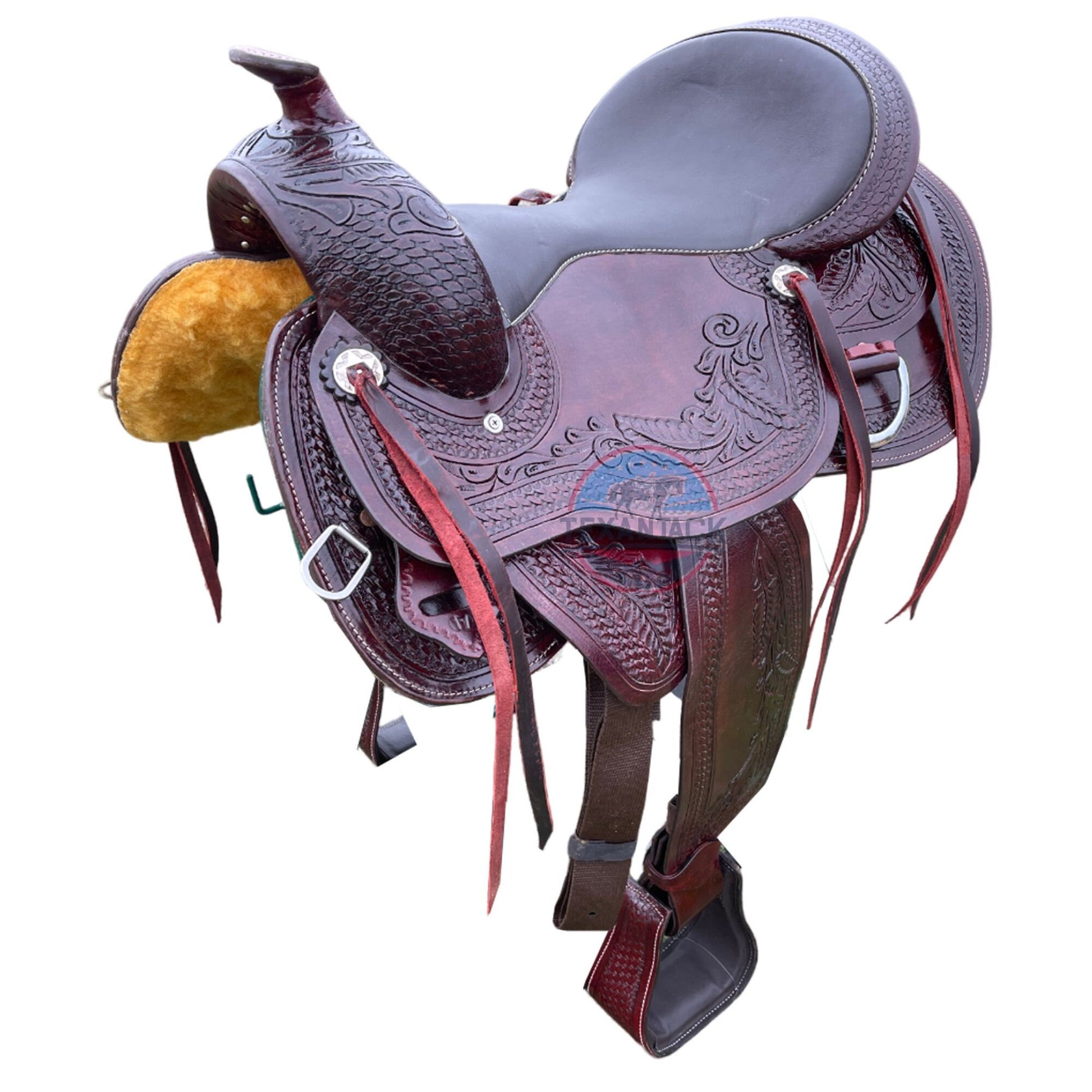 Premium Leather Western Endurance Saddle - Western Pleasure Trail Horse Saddle with Floral Tooling & Padded Seat in 15”, 16”, 17” Size TEXANTACK