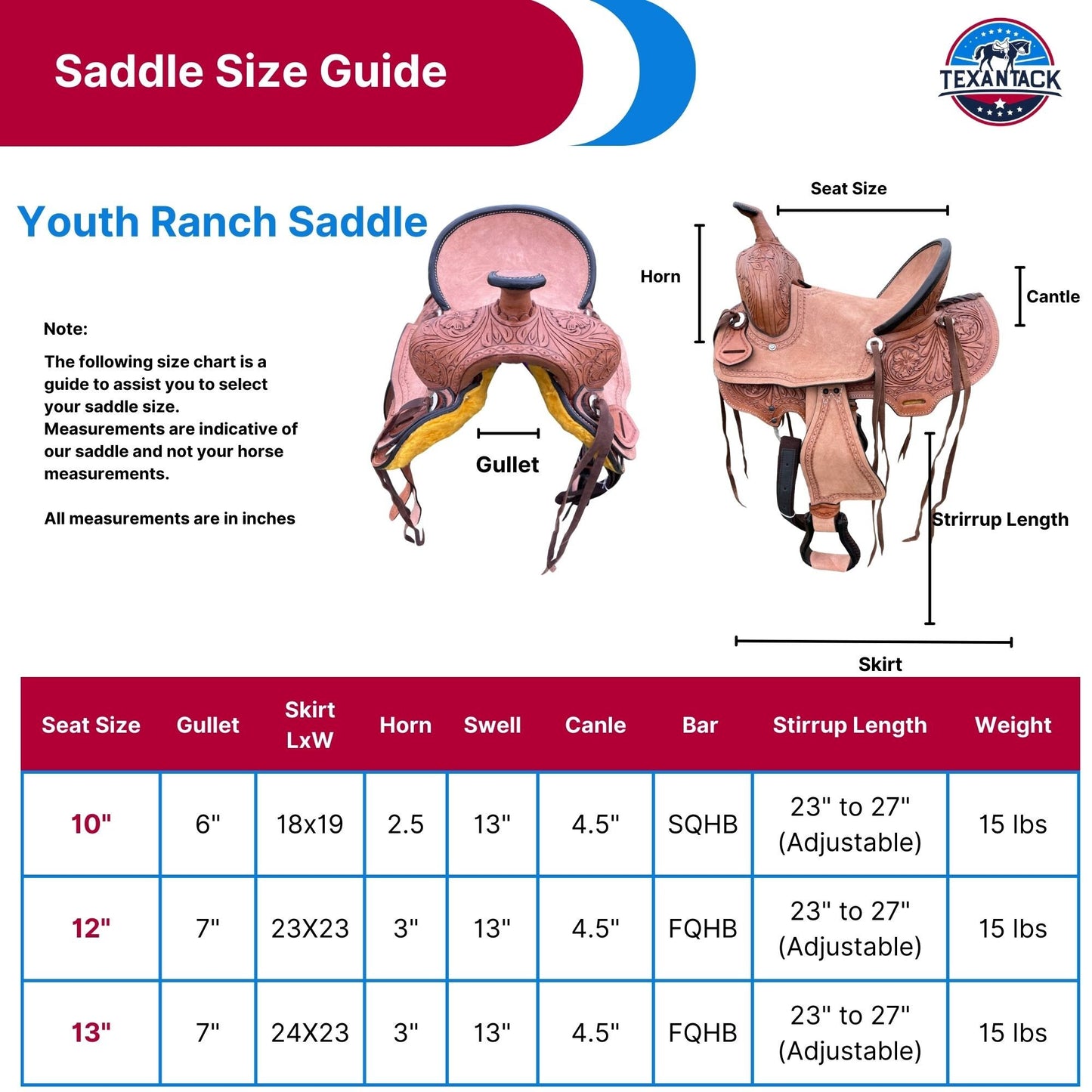 Youth Leather Pony Saddle: Western Kids Ranch Saddle (10"-13") TEXANTACK