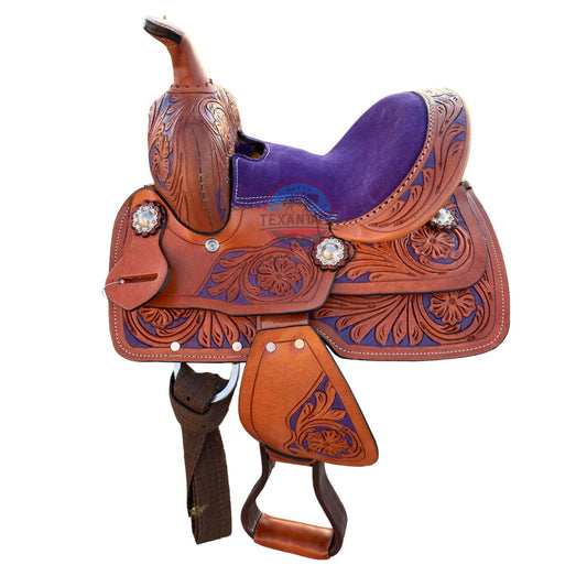 Mini/Pony Western Horse Barrel Saddle Floral Tooled- 8 Inch TEXANTACK
