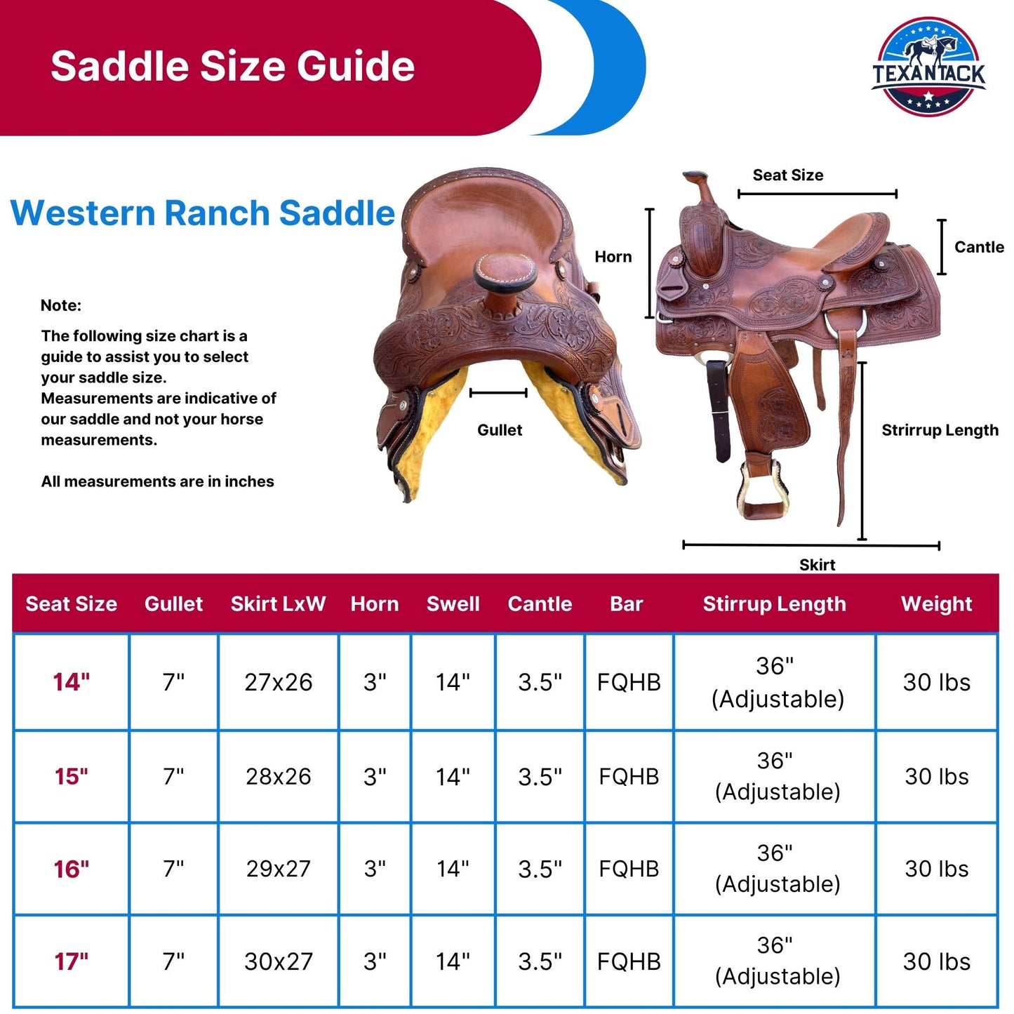 Premium Ranch Cutter Saddle | Hand Tooled Leather | 14"-17" Seat | FQHB 7" Gullet | Oily & Non-Oily Finish | Western Horse Saddle TEXANTACK