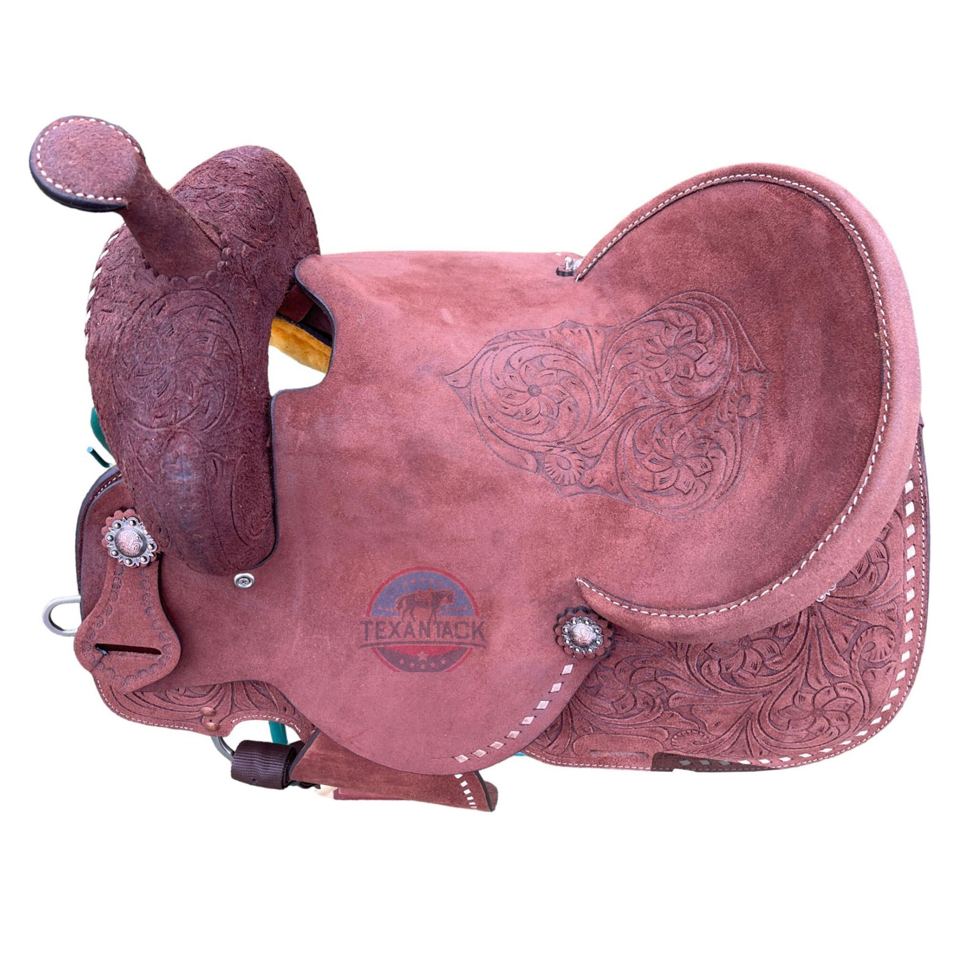 Floral Tooled Barrel Saddle: Roughout Leather, Silver Conchos, White Buck Stitch TEXANTACK