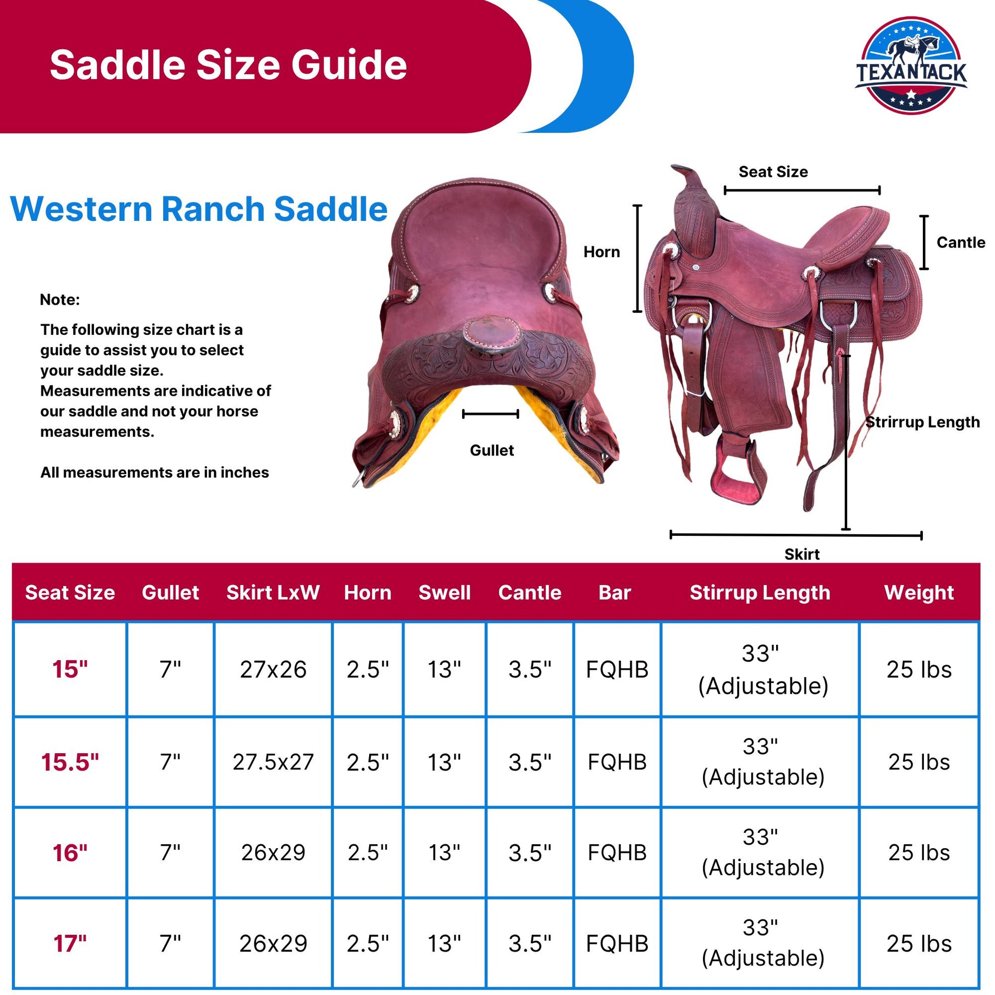 15.5" Tooled Leather Western Ranch Saddle: FQHB, 7" Gullet, Lightweight TEXANTACK