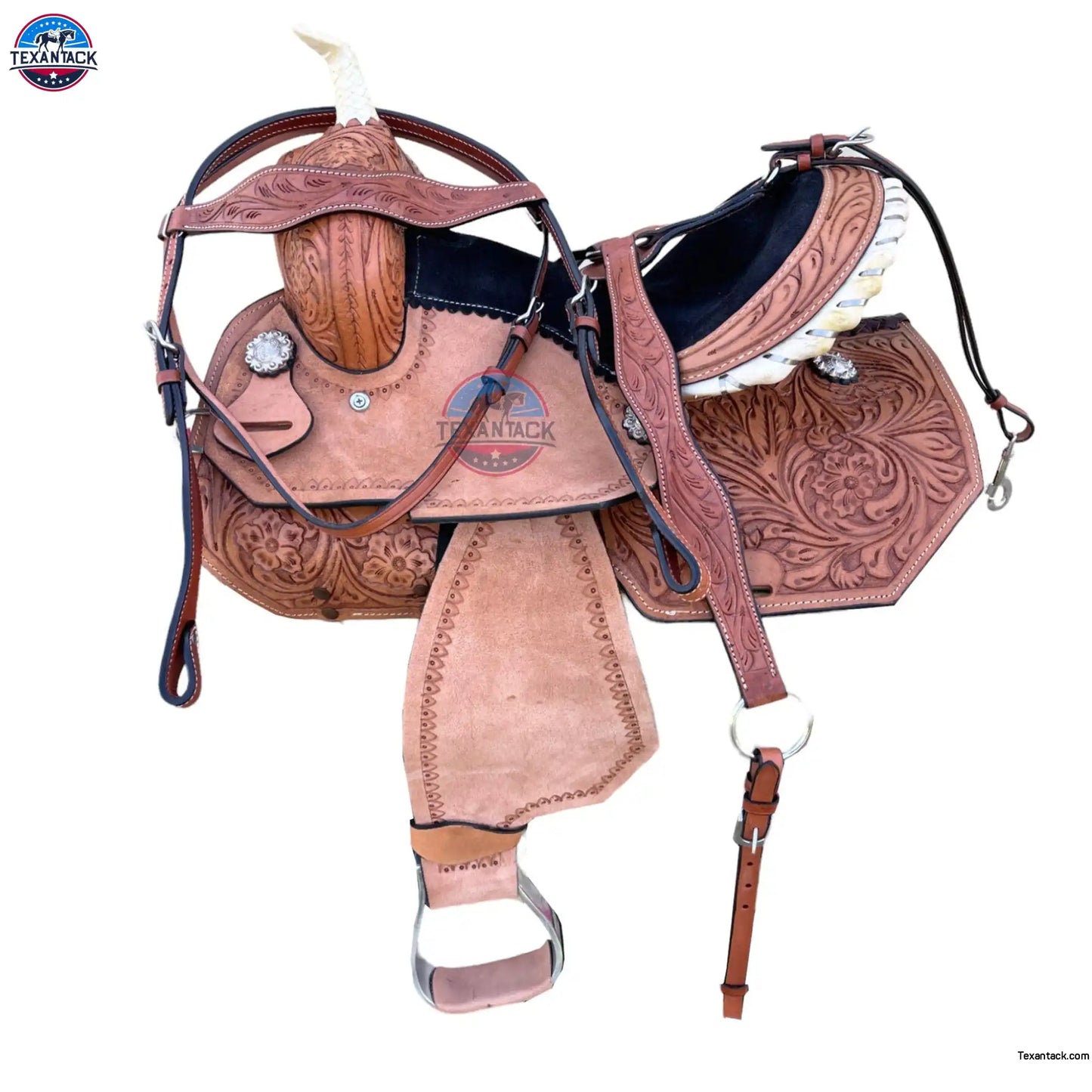Kids Western Leather Barrel Saddle: Suede Seat, Matching Tack Set (10-13 inch) TEXANTACK