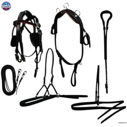 Miniature Horse Black Patent Leather Driving Harness with Red and White Trim