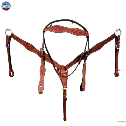 Premium Leather Headstall and Breast Collar Set with Basket wave Tooling