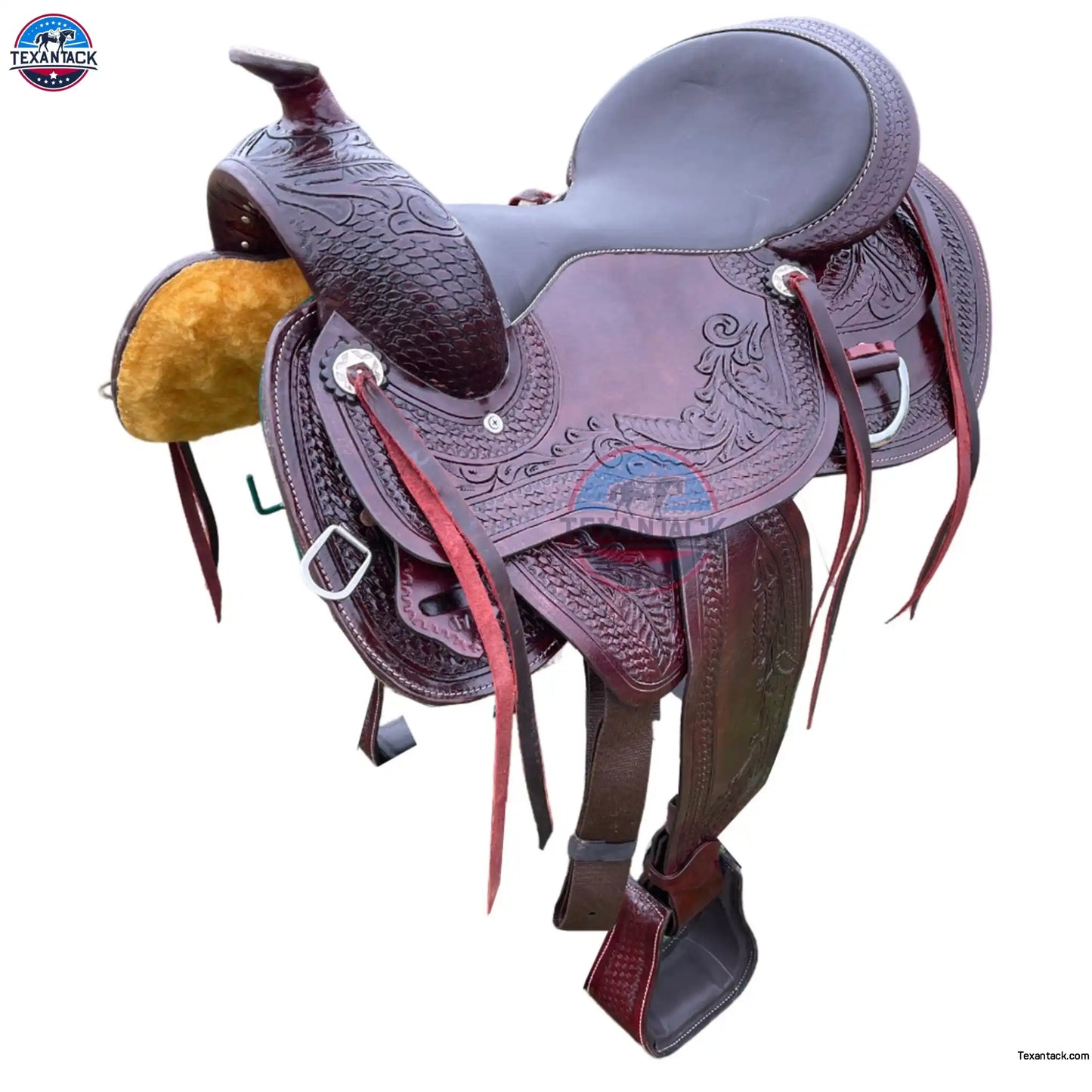 Premium Leather Western Endurance Saddle - Western Pleasure Trail Horse Saddle with Floral Tooling & Padded Seat in 15”, 16”, 17” Size TEXANTACK