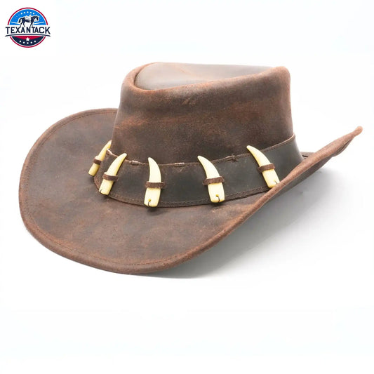 RESISTANCE Australian Leather Hat with Crocodile Band Teeth - Dundee Style | Outback Hat for Men and Women NewEngland Tack