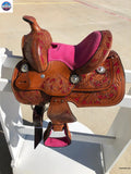 Kids Western Horse Barrel Saddle Horse Floral Tooled Leather 8 "-Pink/Purple/Turquoise/Brown - NewEngland Tack