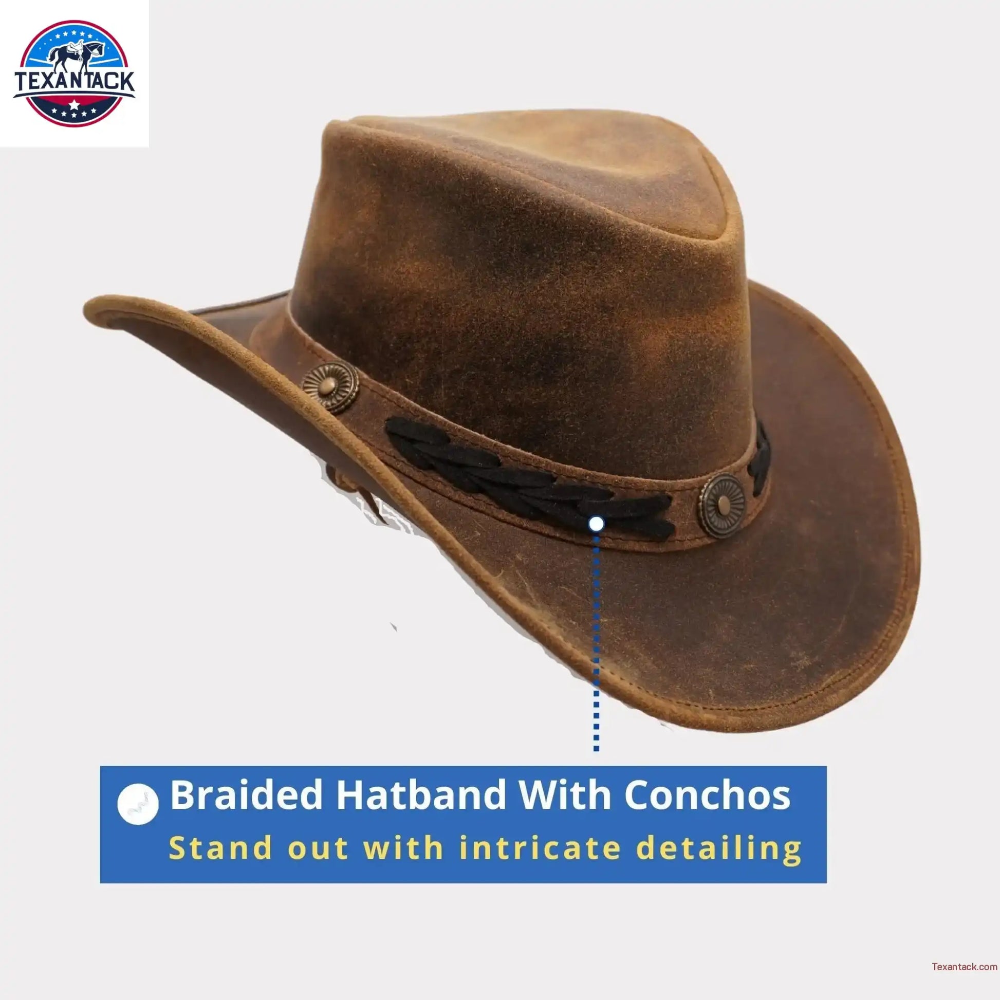Western Cowboy Hat Grain Cow Leather with Buffalo Conchos Hat Band NewEnglandTack