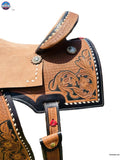 Resistance Rough Out Hard Seat Barrel Style Saddle With Floral Tooled Leather Square Skirt and Fenders - 14, 15, 16 Inch Newenglandtack