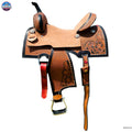 Resistance Rough Out Hard Seat Barrel Style Saddle With Floral Tooled Leather Square Skirt and Fenders - 14, 15, 16 Inch Newenglandtack