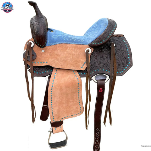 Resistance Western Barrel Racing Suede Seat Saddle With Floral Tooled Leather Skirt And Rough Out Fender - 14, 15, 16 Inch
