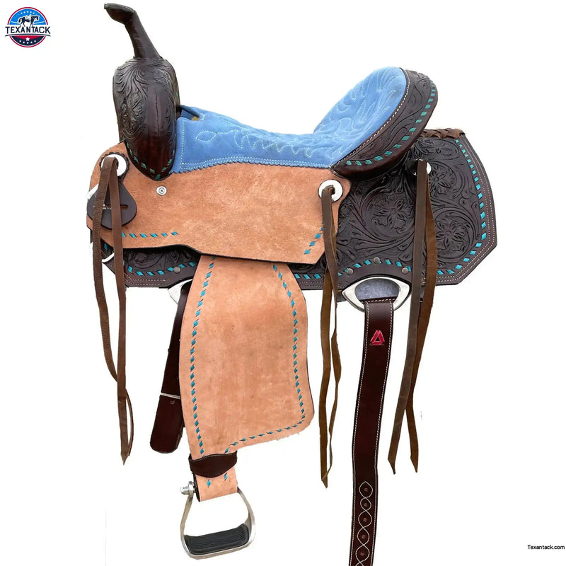 Resistance Western Barrel Racing Suede Seat Saddle With Floral Tooled Leather Skirt And Rough Out Fender - 14, 15, 16 Inch NewEngland Tack