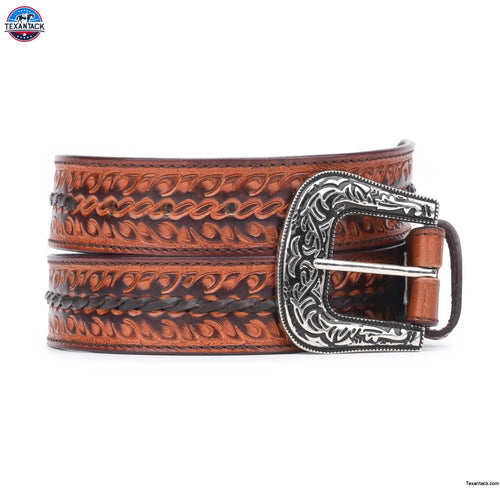 Resistance Western Belt - Leaf Tooled Leather Center Stitched Line - Without Buckle