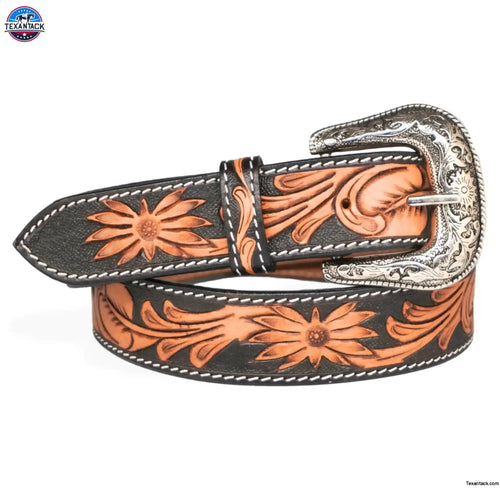 Resistance Western Cowgirl Cowboy Floral Tooled  Argentinian Leather Belt With Black Silver Buckle