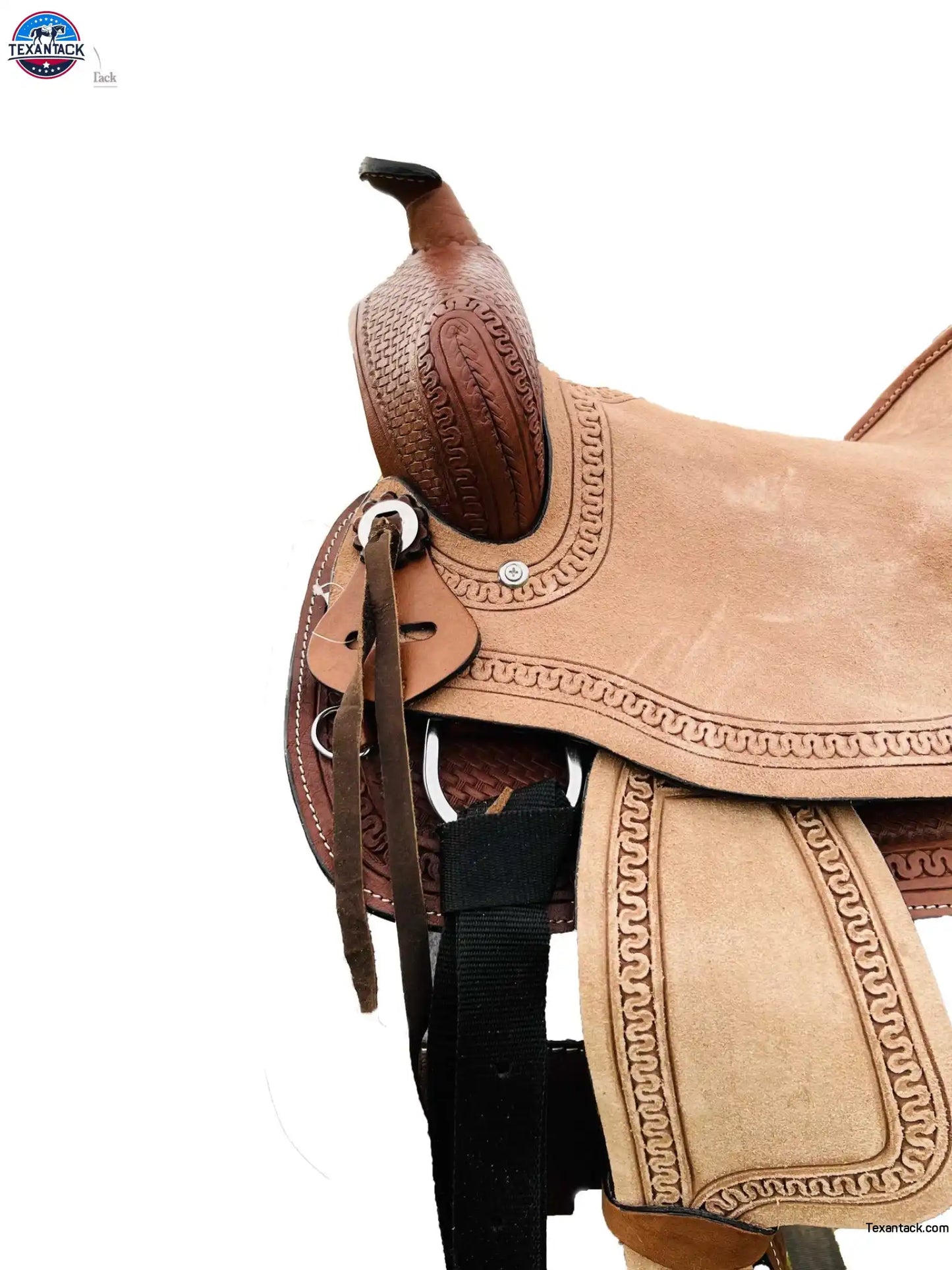 Western Youth Hard Seat Roping Style Saddle With basket weave tool, Leather Skirt and Roughout Seat and Fenders - 10, 12, 13 Inch NewEngland Tack