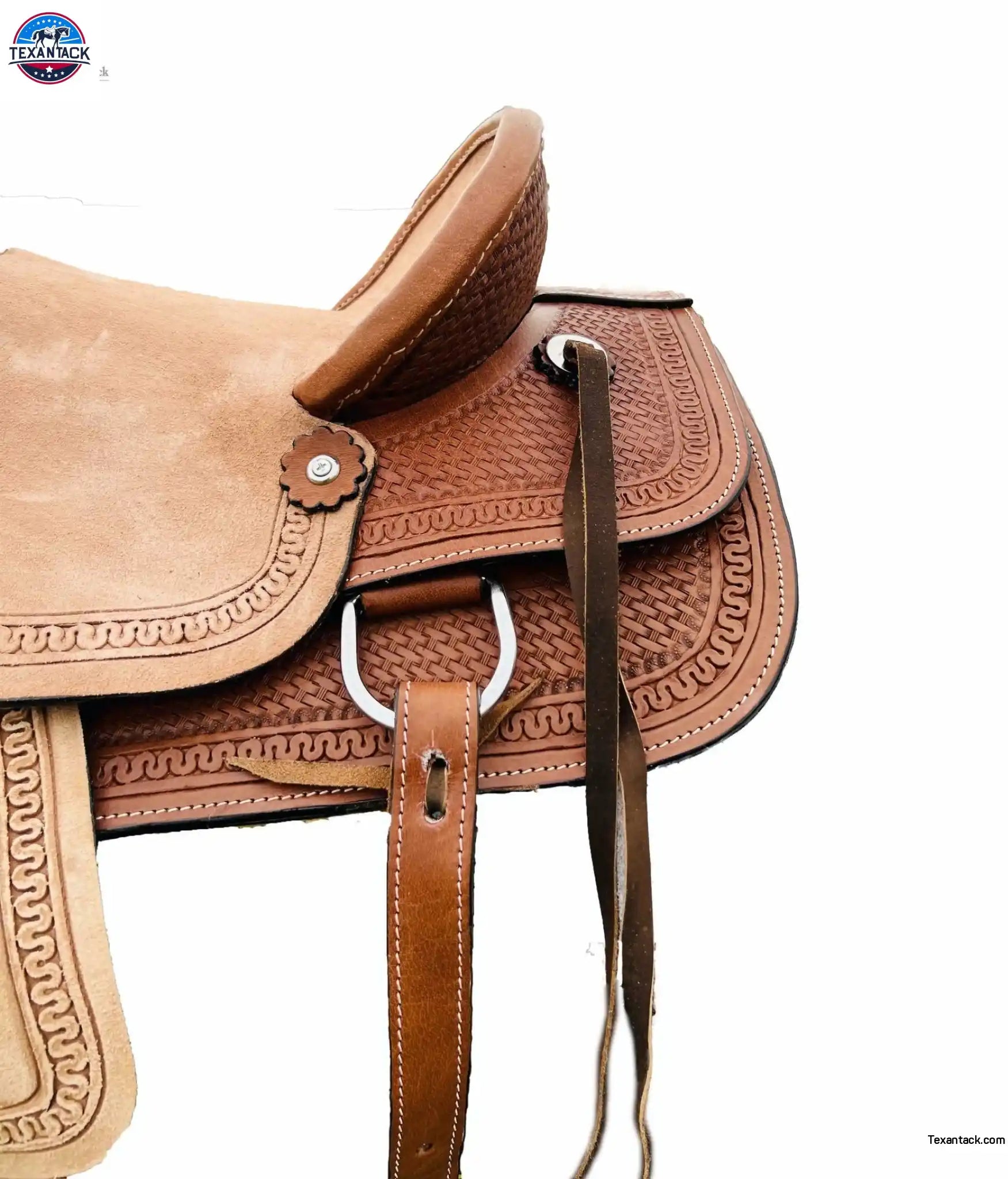 Western Youth Hard Seat Roping Style Saddle With basket weave tool, Leather Skirt and Roughout Seat and Fenders - 10, 12, 13 Inch NewEngland Tack