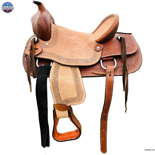 Resistance Western Youth Hard Seat Roping Style Saddle With basket weave tool, Leather Skirt and Roughout Seat and Fenders - 10, 12, 13 Inch