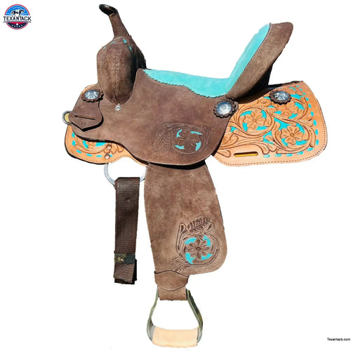 Resistance Youth/Pony Turquoise Suede And Floral Tool Barrel Saddle - 10 12 13 Inch