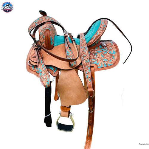 Resistance Youth Western Horse Barrel Saddle For Horse Riding | Floral Tooled With Silver Conchos | Genuine Leather 10" 12" 13" with Free Tackset