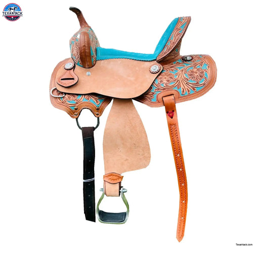 Resistance Youth Western Horse Barrel Saddle For Horse Riding | Floral Tooled With Silver Conchos | Genuine Leather 10" 12" 13"