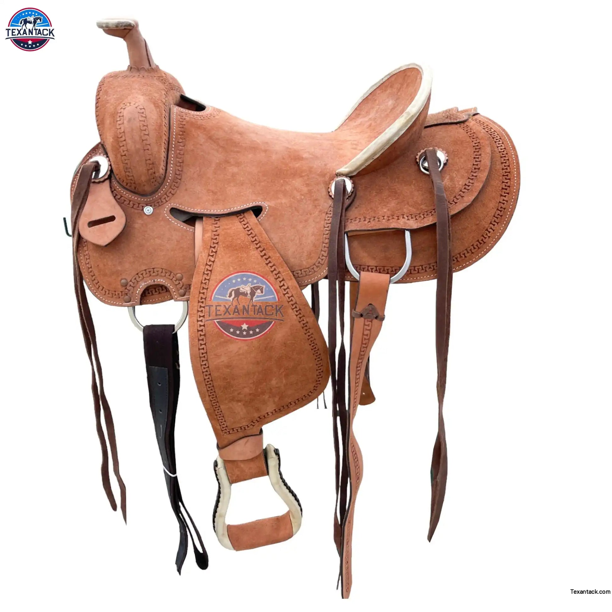 Roughout Leather Ranch Saddle: Serpentine Tooled Western Saddle TEXANTACK