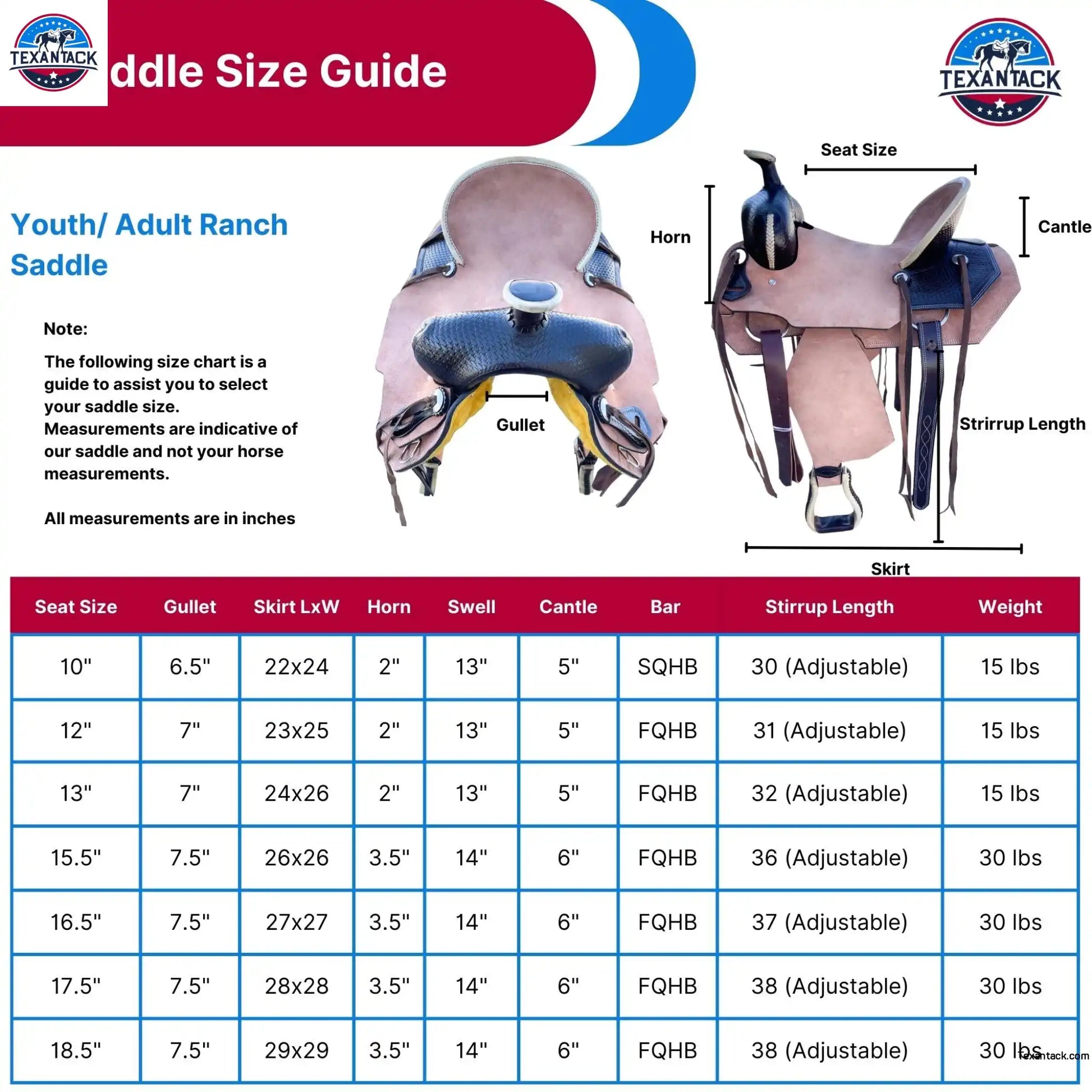 Two-Tone Leather Horse Saddle: Roughout Ranch Saddle (Sizes 10"–18.5") TEXANTACK