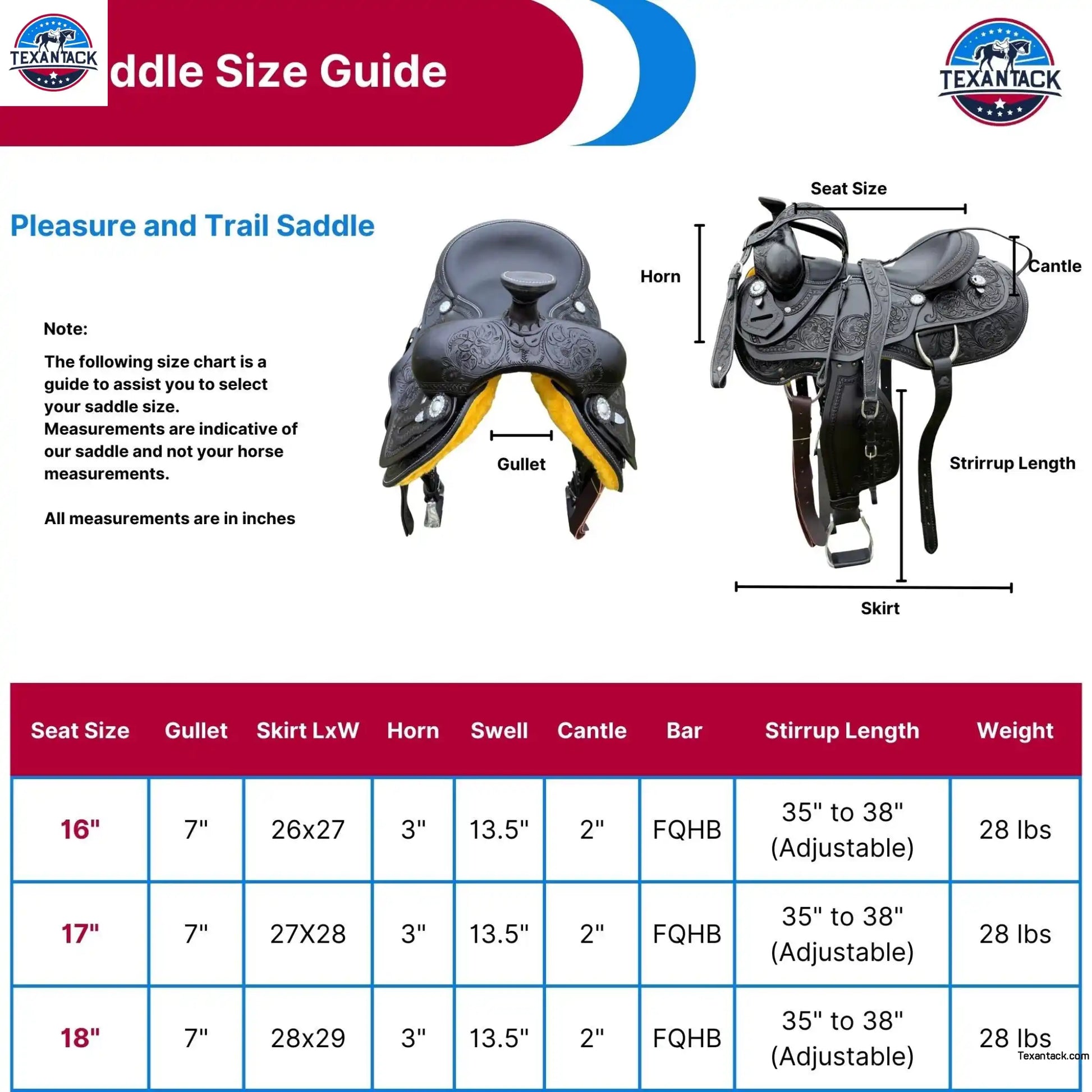 Western Horse Pleasure Saddle with Free tack set - Genuine Argentinian Leather 16" 17" 18" TEXANTACK