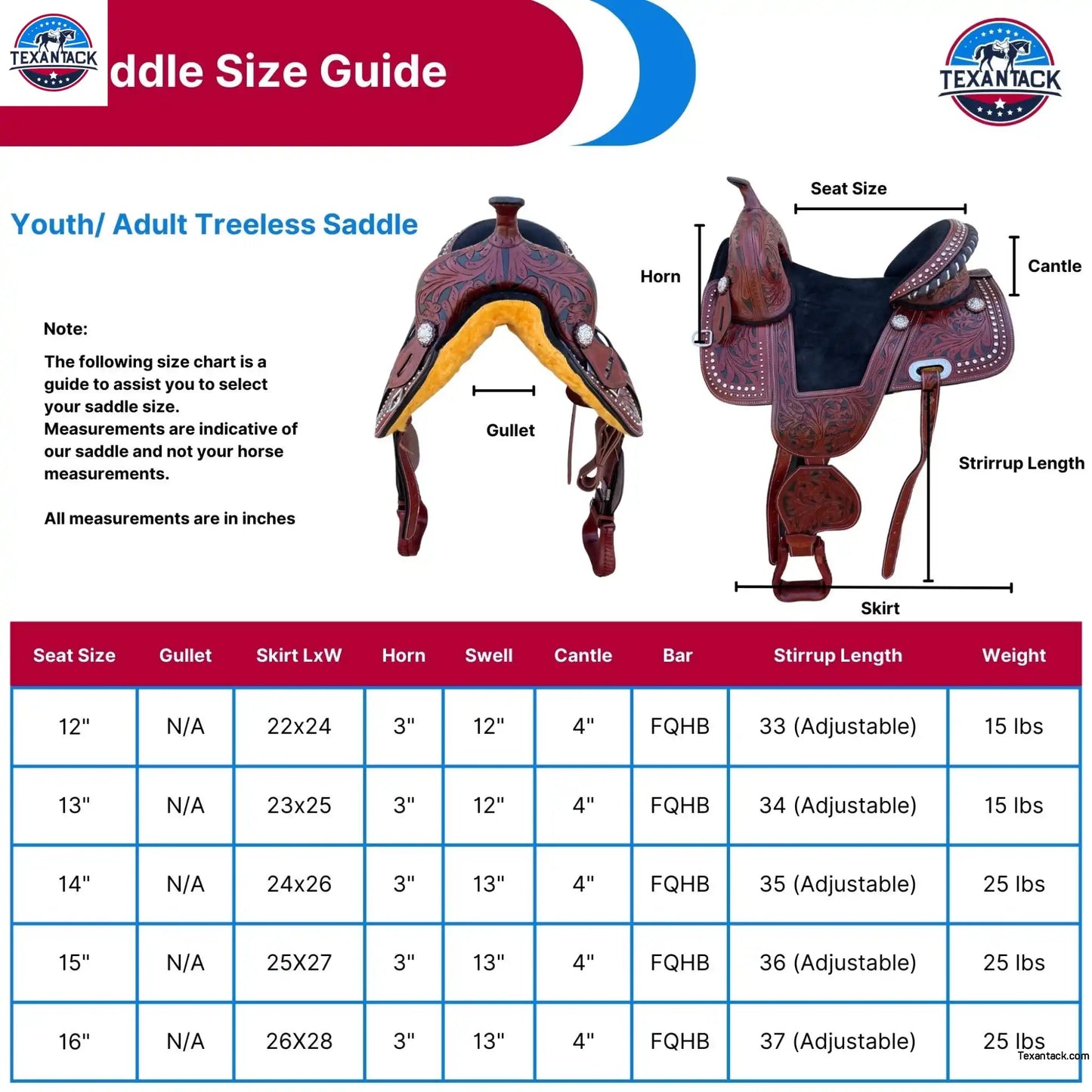 Western Leather Treeless Saddle: Youth/Adult Pleasure Trail TEXANTACK