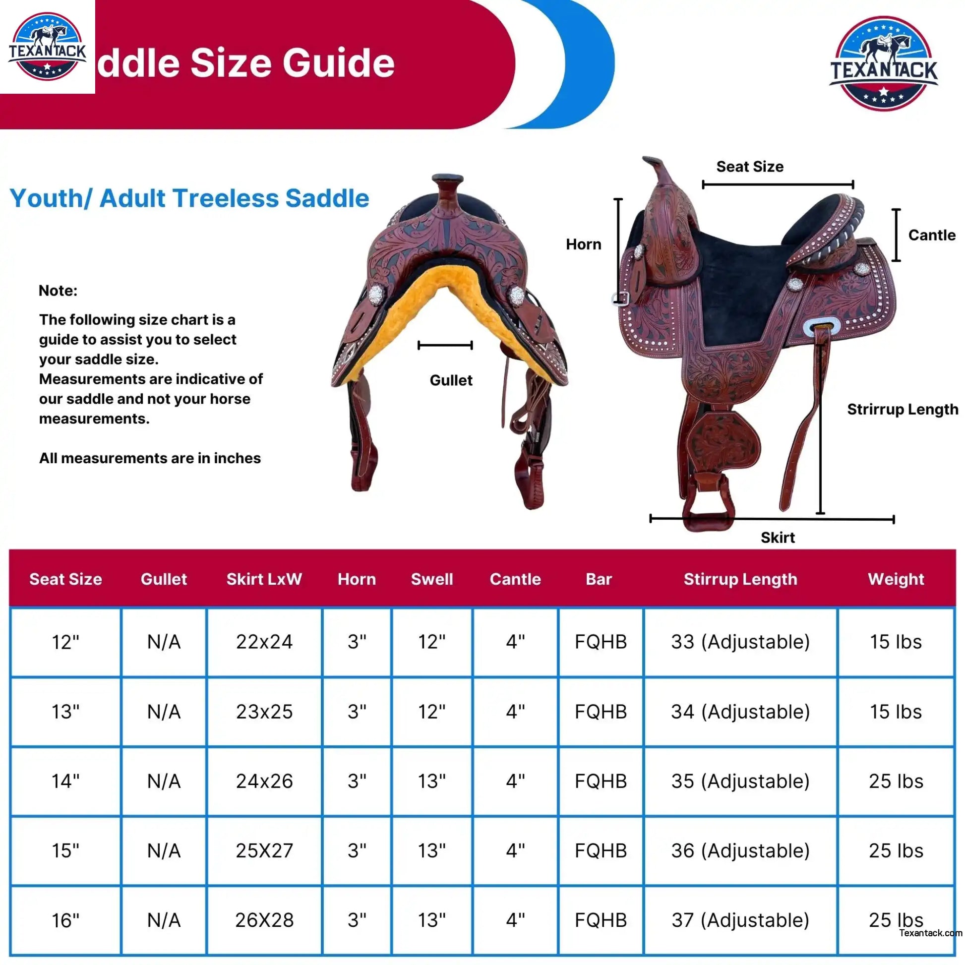 Western Leather Treeless Saddle: Youth/Adult Pleasure Trail TEXANTACK