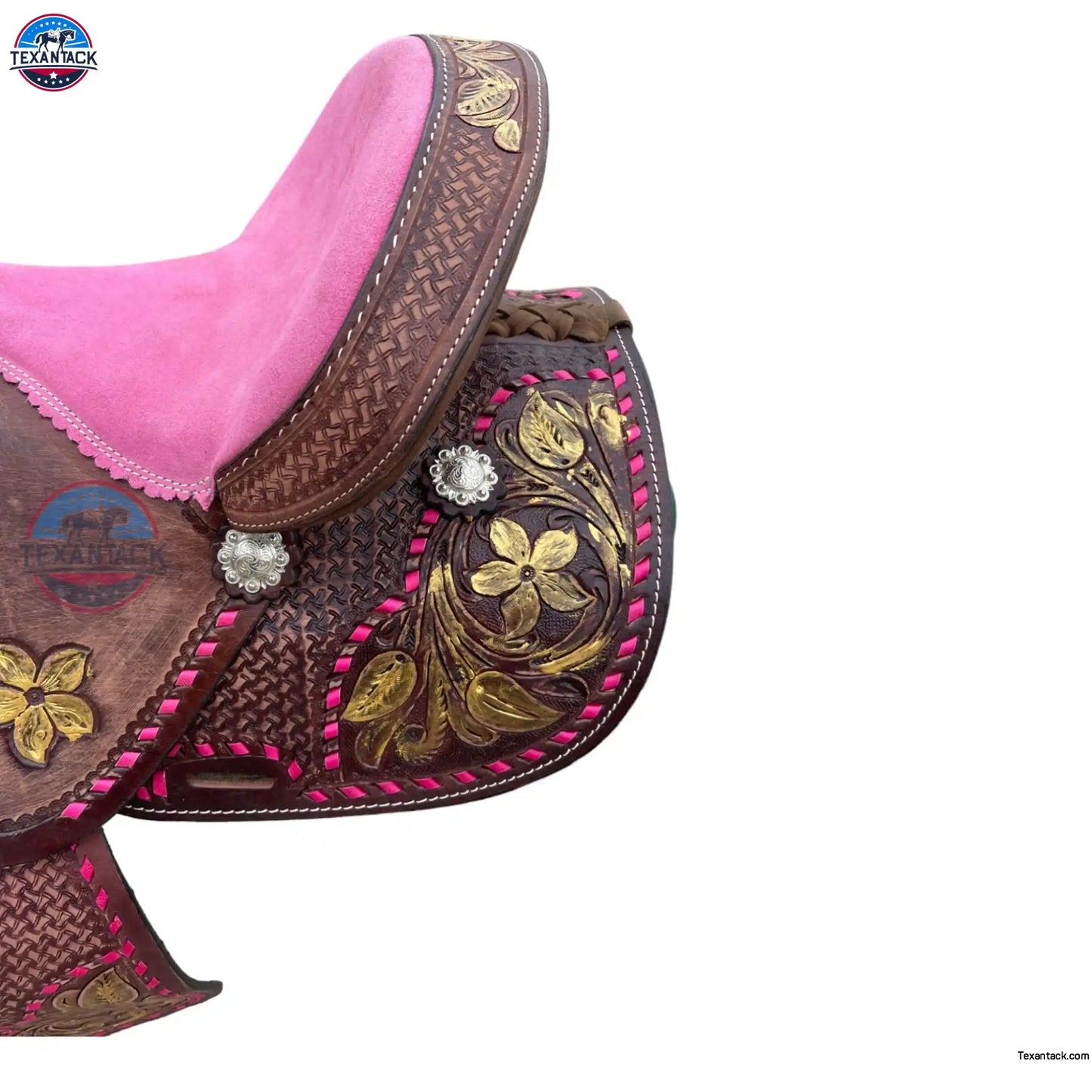 Youth Leather Barrel Racing Saddle: Floral Basket Weave Tooling (10/12/13 inch) TEXANTACK